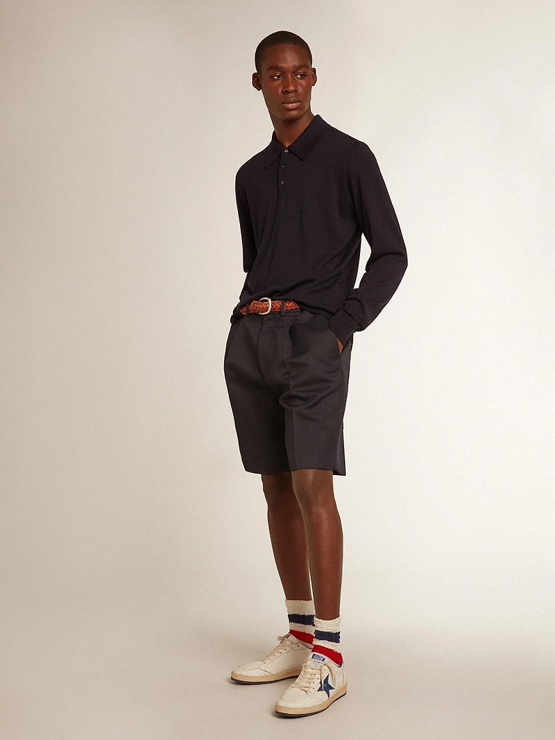 Men’s long-sleeved polo shirt navy-blue merino wool