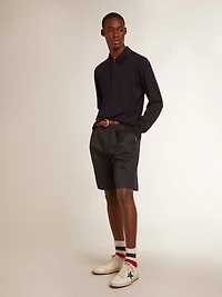Men’s long-sleeved polo shirt navy-blue merino wool