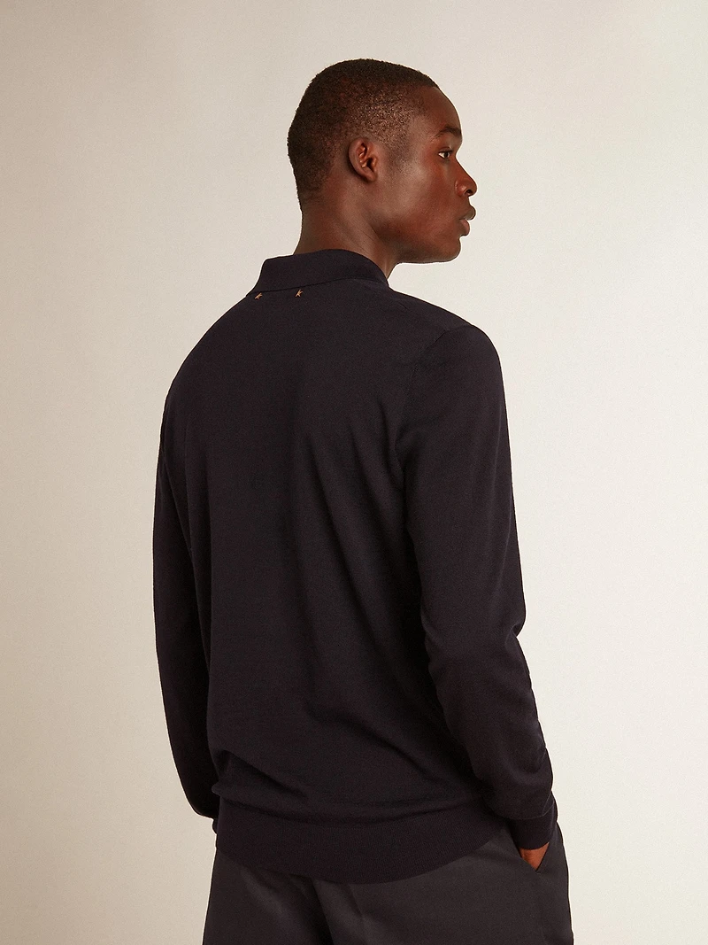 Men’s long-sleeved polo shirt navy-blue merino wool