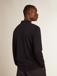 Men’s long-sleeved polo shirt navy-blue merino wool