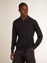 Men’s long-sleeved polo shirt navy-blue merino wool