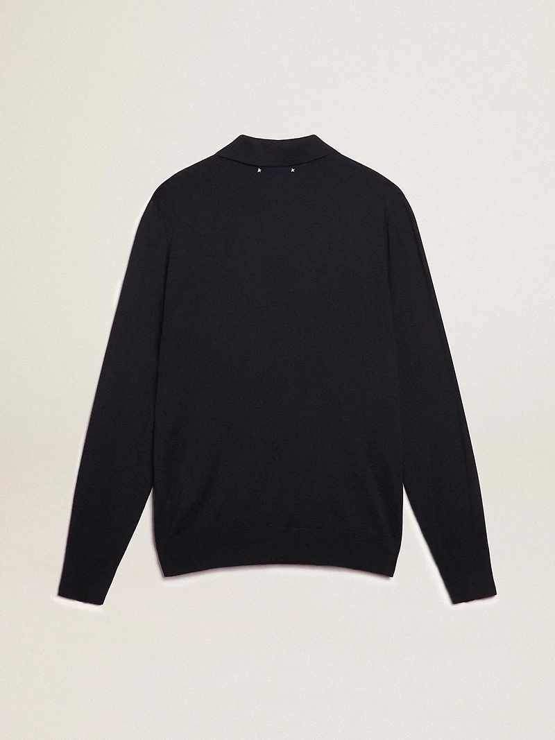 Men’s long-sleeved polo shirt navy-blue merino wool