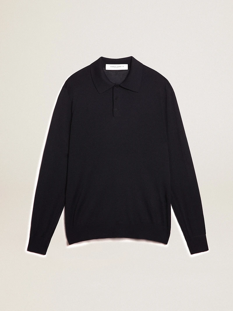 Men’s long-sleeved polo shirt navy-blue merino wool