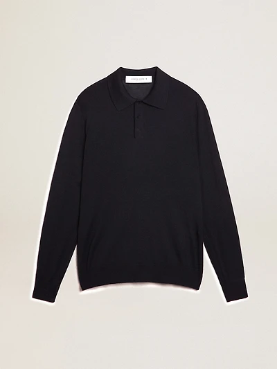 Men’s long-sleeved polo shirt navy-blue merino wool