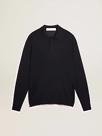 Men’s long-sleeved polo shirt navy-blue merino wool
