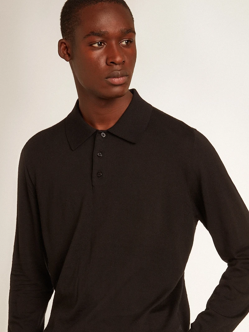 Men’s long-sleeved polo shirt black merino wool