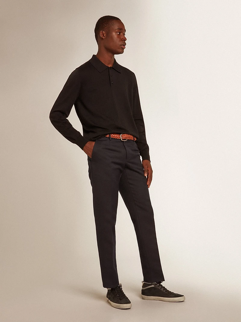 Men’s long-sleeved polo shirt black merino wool
