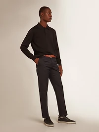Men’s long-sleeved polo shirt black merino wool