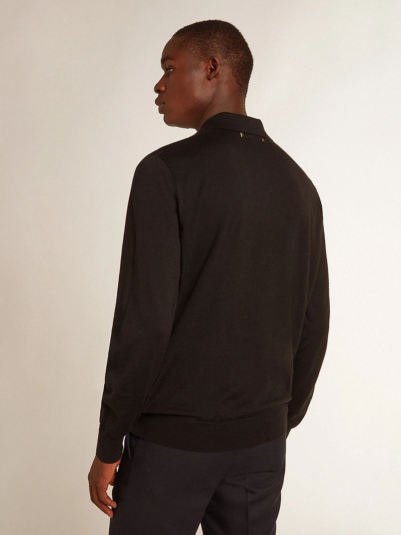 Men’s long-sleeved polo shirt black merino wool