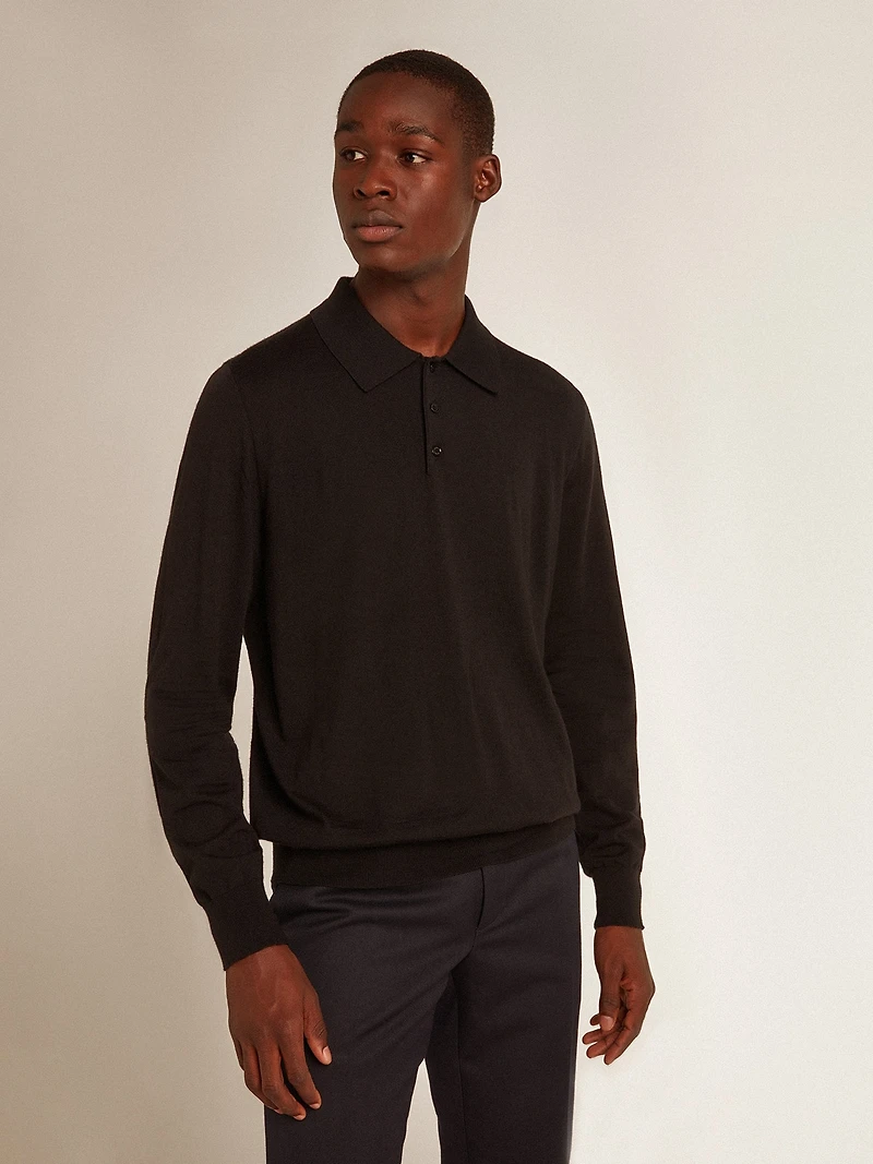 Men’s long-sleeved polo shirt black merino wool