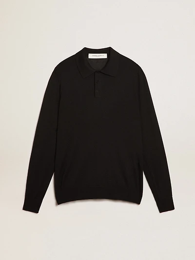 Men’s long-sleeved polo shirt black merino wool