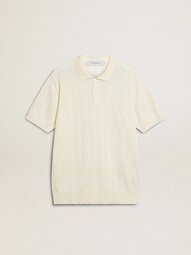 Men's white jacquard knit polo shirt