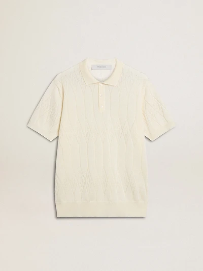 Men's white jacquard knit polo shirt