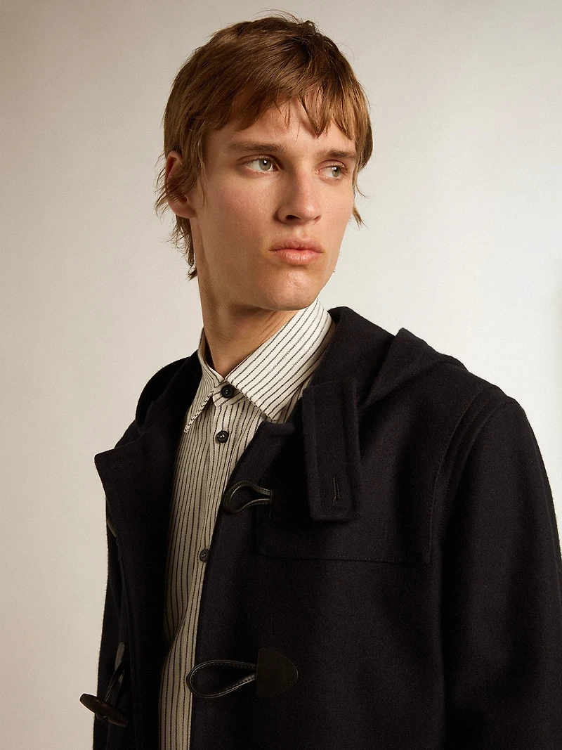 Dark blue wool duffle coat with hood and toggle fastening