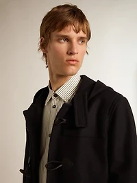 Dark blue wool duffle coat with hood and toggle fastening