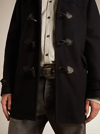 Dark blue wool duffle coat with hood and toggle fastening