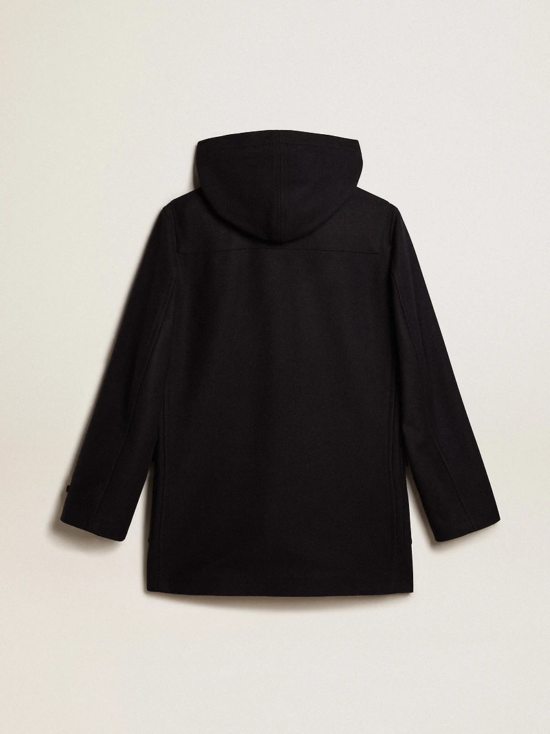 Dark blue wool duffle coat with hood and toggle fastening