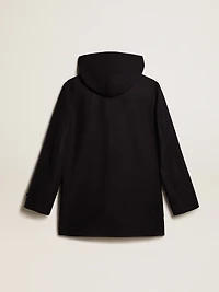Dark blue wool duffle coat with hood and toggle fastening