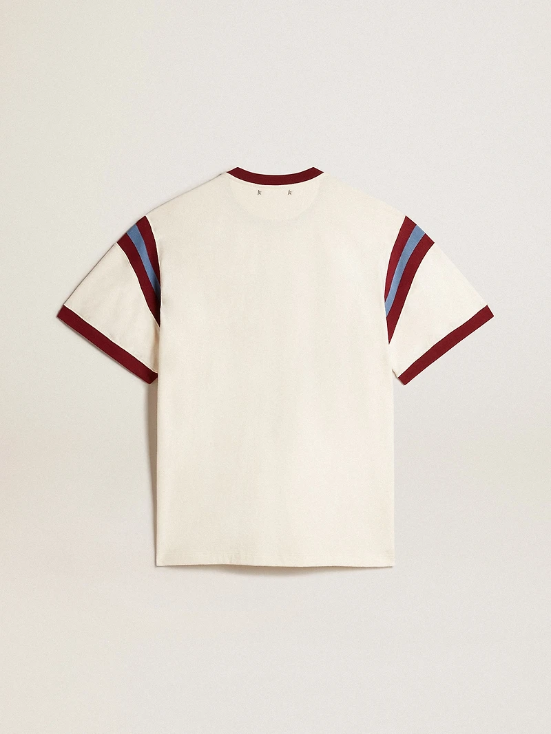 Men’s white T-shirt with burgundy lettering on the front