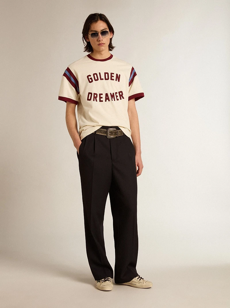 Men’s white T-shirt with burgundy lettering on the front
