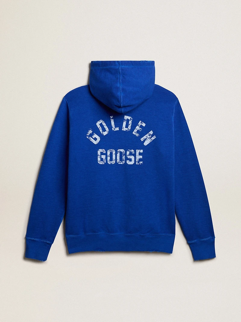 Men's blue-colored hoodie with lettering on the back