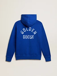 Men's blue-colored hoodie with lettering on the back