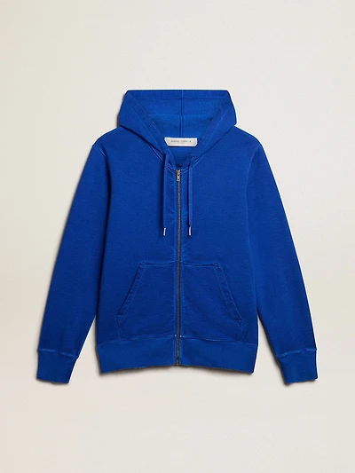 Men's blue-colored hoodie with lettering on the back