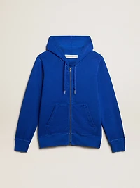 Men's blue-colored hoodie with lettering on the back