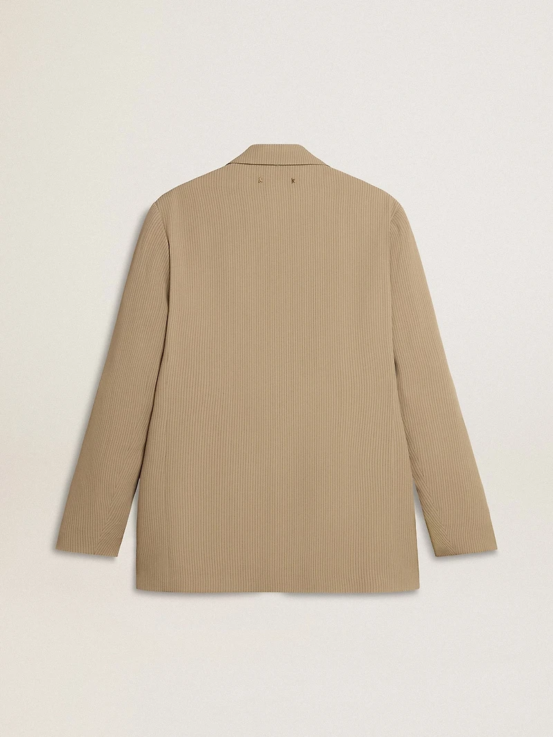 Men's beige pinstripe single-breasted jacket with an oversized fit