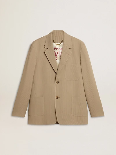 Men's beige pinstripe single-breasted jacket with an oversized fit