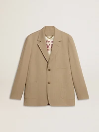 Men's beige pinstripe single-breasted jacket with an oversized fit