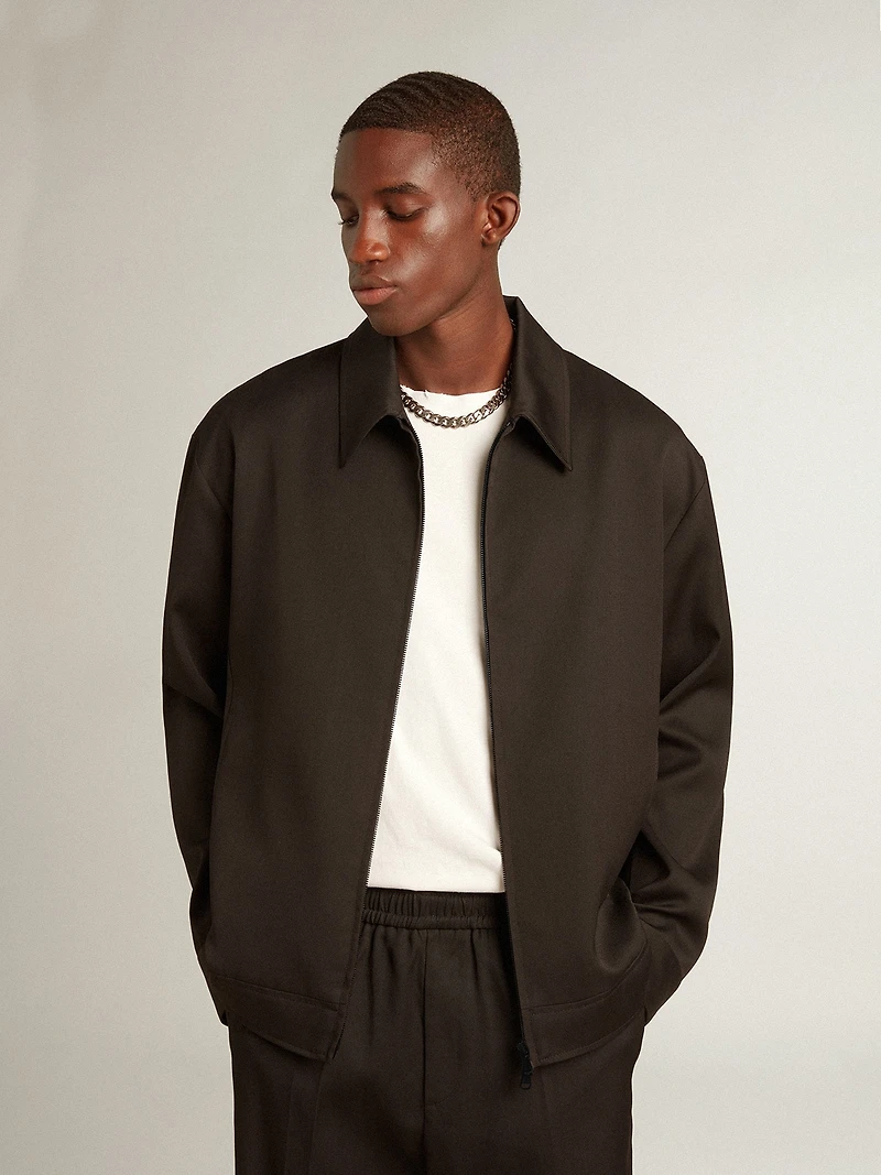 Men’s zip-up jacket black wool gabardine