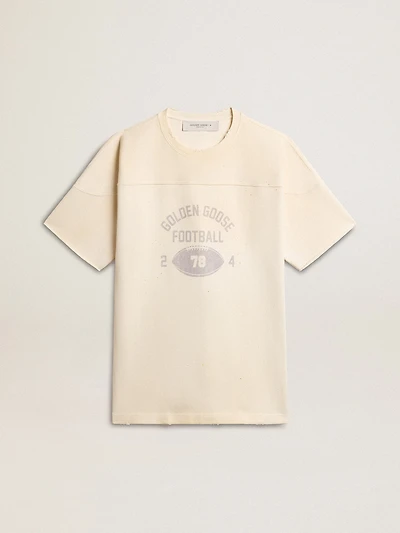 Men's cotton T-shirt vintage white with raw edge on the front