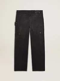 Men's distressed black cotton jeans with front patches