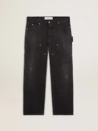 Men's distressed black cotton jeans with front patches
