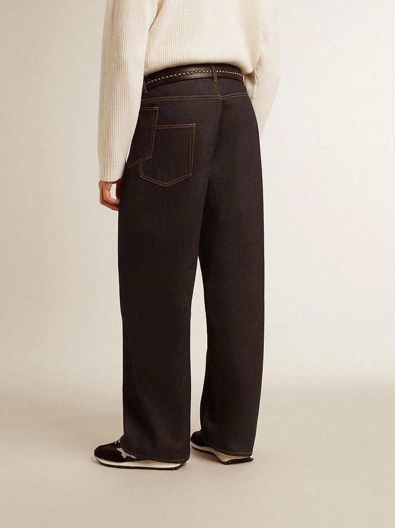 Men’s dark blue wide-leg jeans one-wash denim