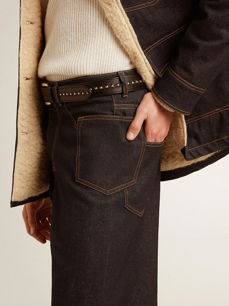 Men’s dark blue wide-leg jeans one-wash denim