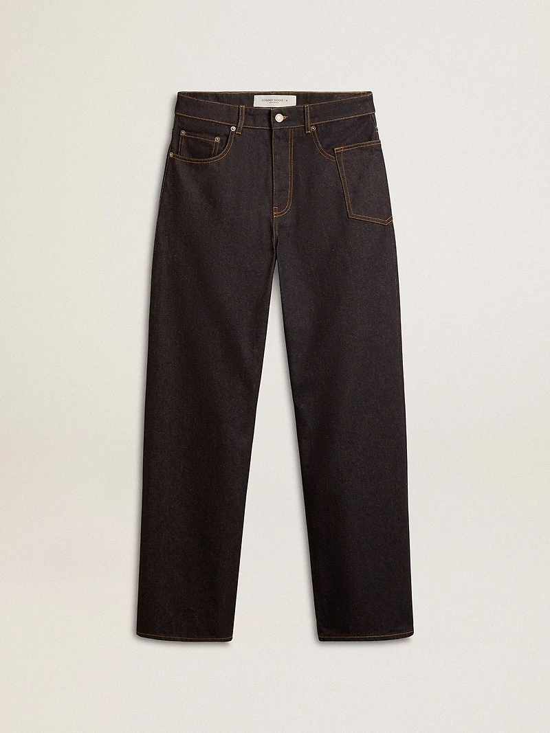Men’s dark blue wide-leg jeans one-wash denim