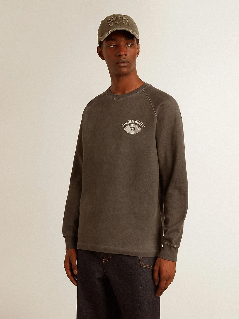Men's long-sleeved T-shirt anthracite gray cotton with logo on the back