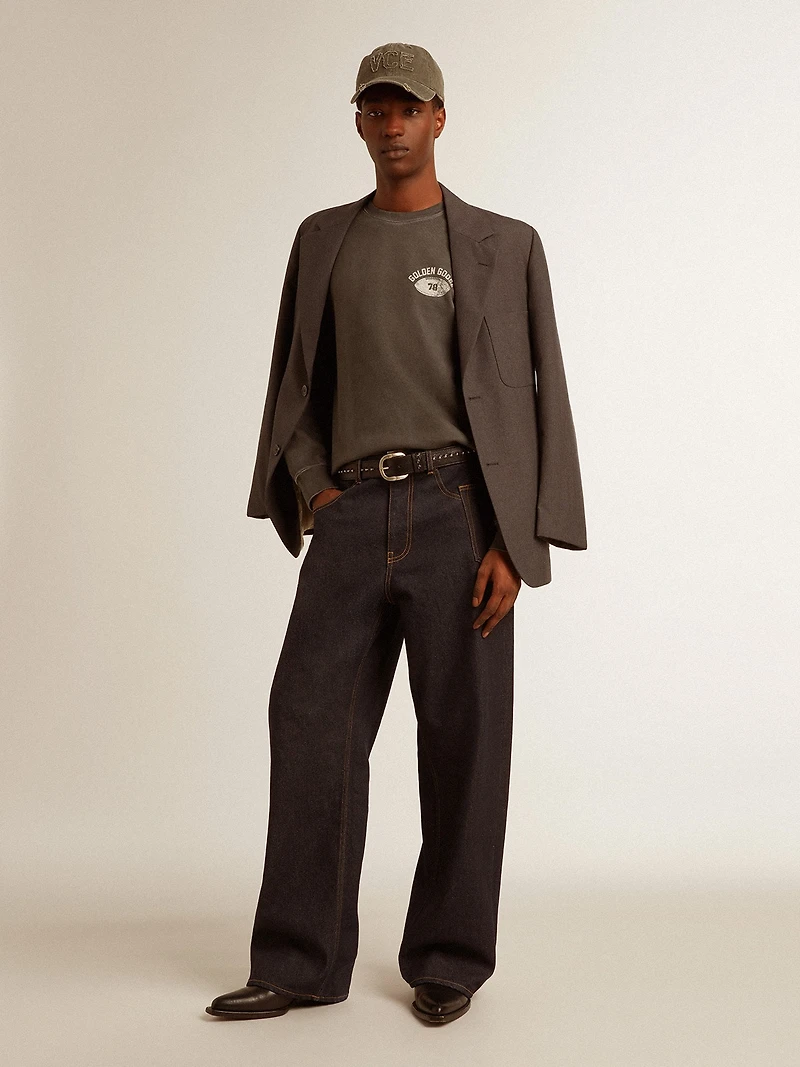 Men's long-sleeved T-shirt anthracite gray cotton with logo on the back