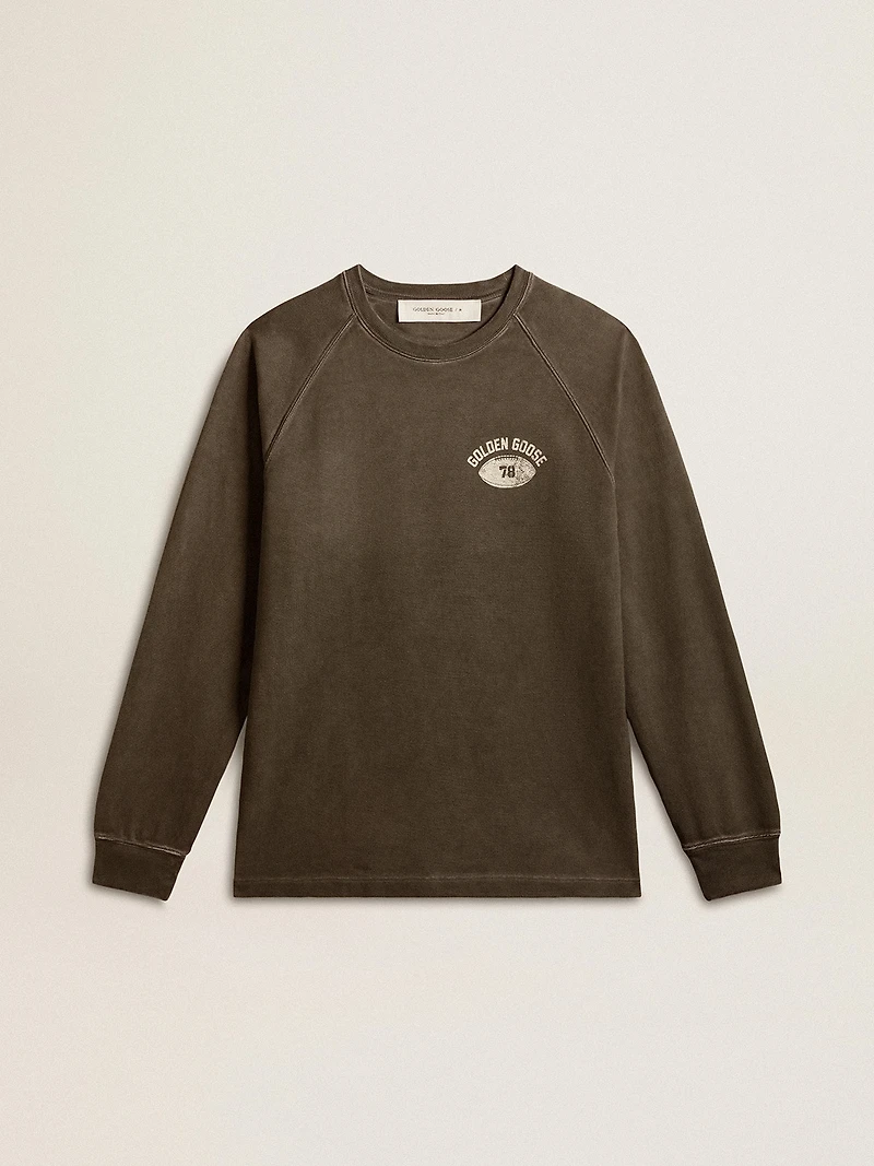 Men's long-sleeved T-shirt anthracite gray cotton with logo on the back