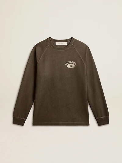 Men's long-sleeved T-shirt anthracite gray cotton with logo on the back