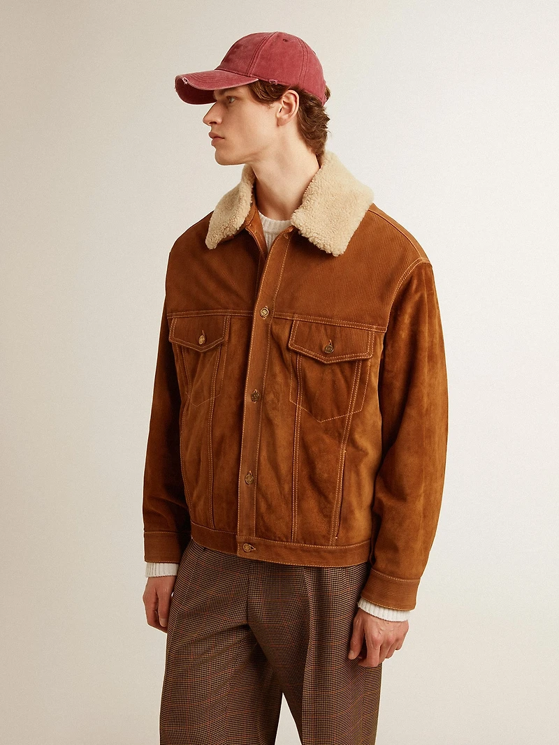 Men's jacket tobacco-colored split leather with a shearling collar
