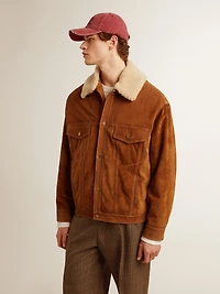 Men's jacket tobacco-colored split leather with a shearling collar