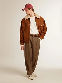 Men's jacket tobacco-colored split leather with a shearling collar