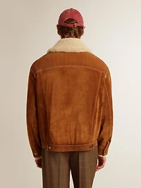 Men's jacket tobacco-colored split leather with a shearling collar
