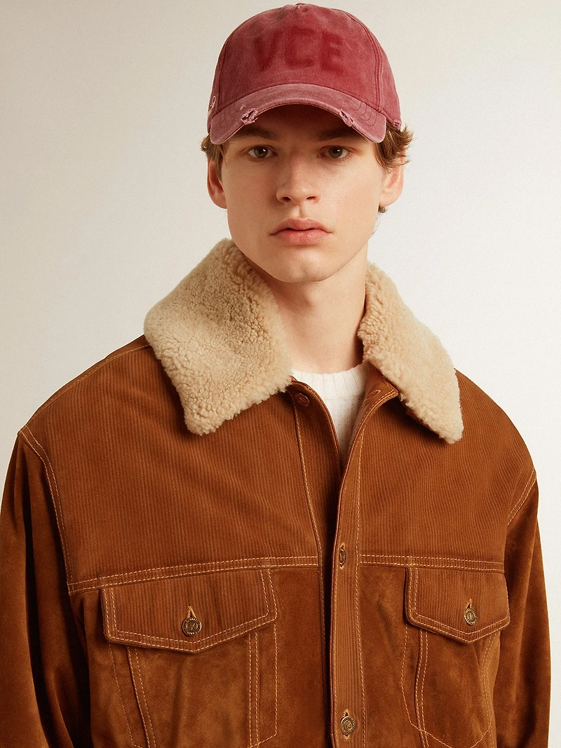 Men's jacket tobacco-colored split leather with a shearling collar