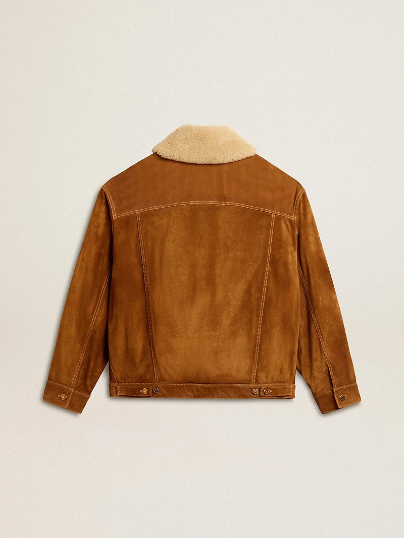 Men's jacket tobacco-colored split leather with a shearling collar