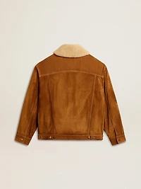Men's jacket tobacco-colored split leather with a shearling collar
