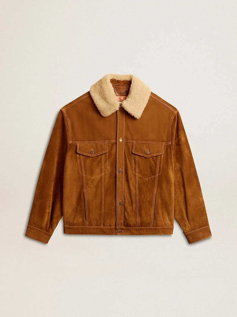 Men's jacket tobacco-colored split leather with a shearling collar